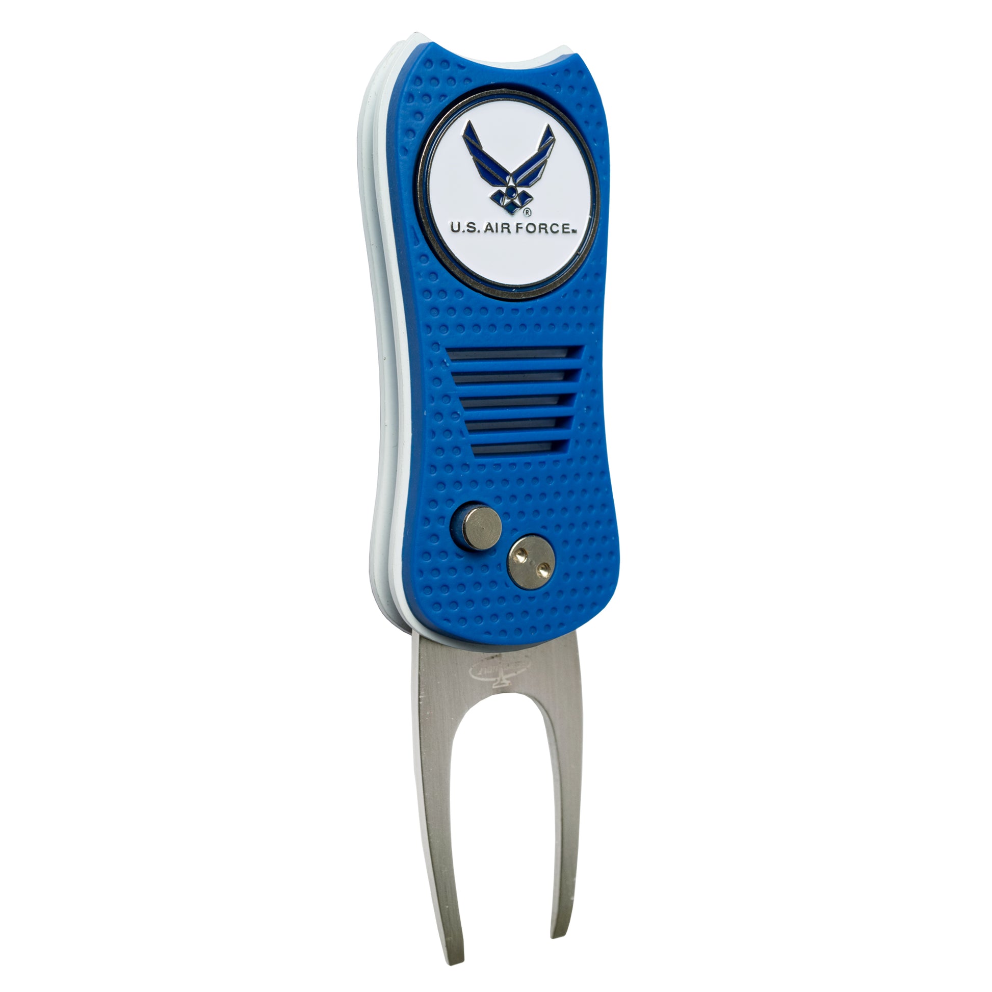 The Switchfix US Military Switchfix Divot Tool with Ball Marker features a blue and silver design, U.S. Air Force logo and text, magnetic ball marker, textured grip, and two front buttons—perfect for any military golf gear collection.