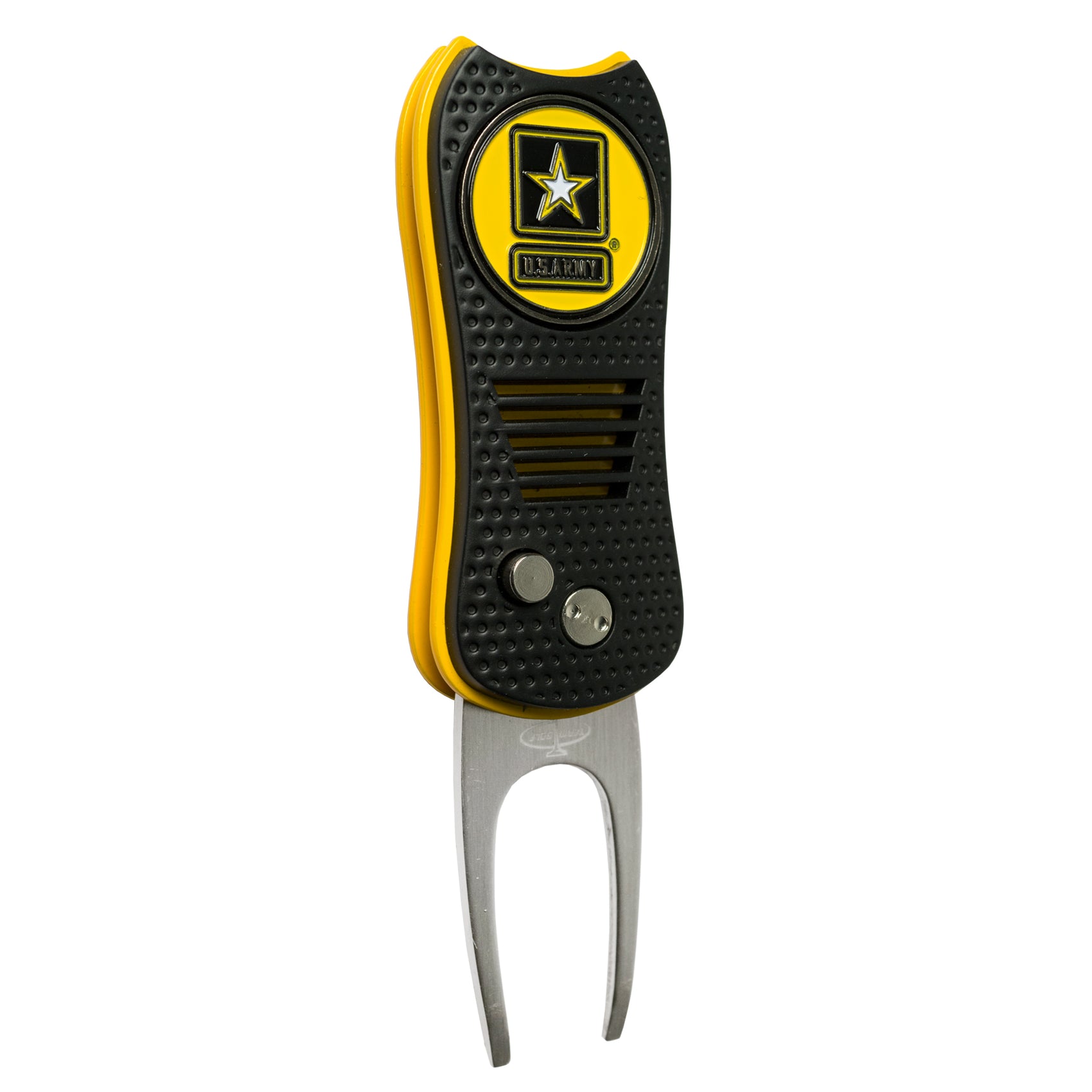 The Switchfix US Military Switchfix Divot Tool with Ball Marker features a black and yellow design, textured handle grips, two metallic buttons, and a U.S. Army logo ball marker above the metal prongs.
