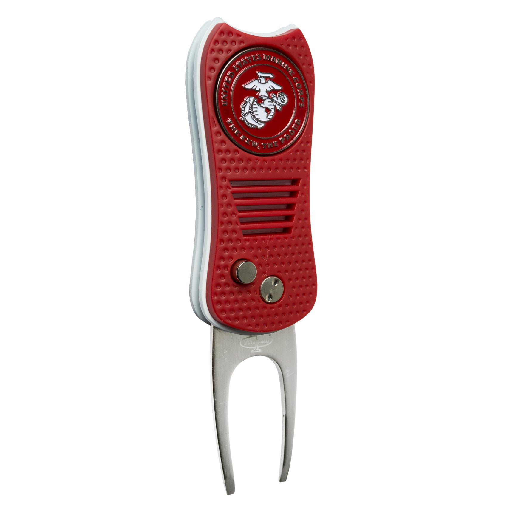 The Switchfix US Military Switchfix Divot Tool with Ball Marker features a red and silver design, U.S. Marine Corps emblem, textured grip, two metal prongs, and magnetic ball marker for easy use.