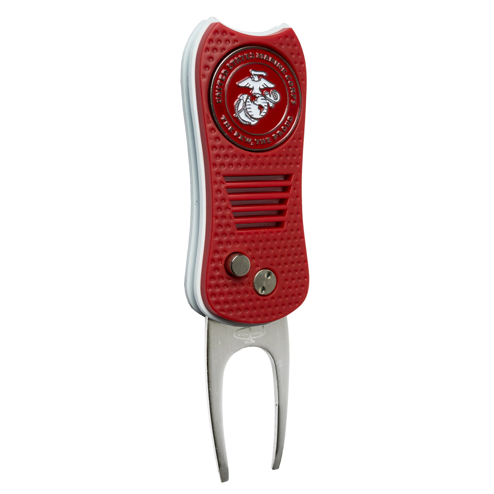 The Switchfix US Military Switchfix Divot Tool with Ball Marker features a red and silver design, U.S. Marine Corps emblem, textured grip, two metal prongs, and magnetic ball marker for easy use.