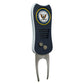 The Switchfix US Military Switchfix Divot Tool features a navy blue textured grip, two metal prongs, and a circular anchor-and-rope emblem at the top, plus a convenient magnetic ball marker.