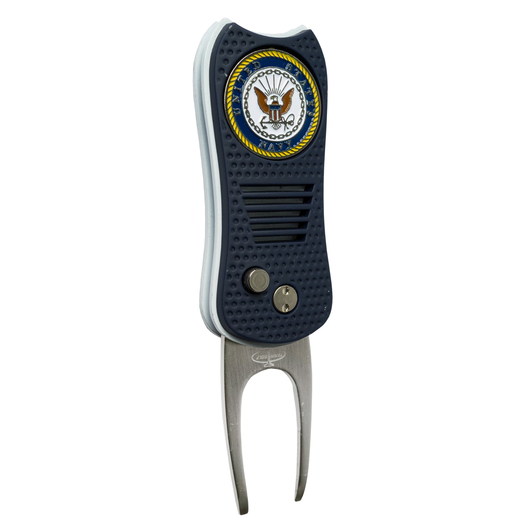 The Switchfix US Military Switchfix Divot Tool features a navy blue textured grip, two metal prongs, and a circular anchor-and-rope emblem at the top, plus a convenient magnetic ball marker.