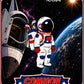 An illustrated astronaut floats near a spaceship in outer space with Earth below, representing the Astronaut Walker Mystery Blind Bag by Ballmarkers.com. Text reads ballmarkers.com and COMMON 1 OF 150 on a decorative border, highlighting this unique golf ball marker design.