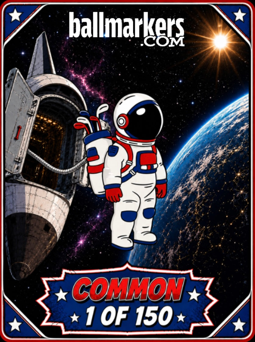 An illustrated astronaut floats near a spaceship in outer space with Earth below, representing the Astronaut Walker Mystery Blind Bag by Ballmarkers.com. Text reads ballmarkers.com and COMMON 1 OF 150 on a decorative border, highlighting this unique golf ball marker design.