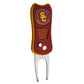 The Switchfix ACC College Switchfix Divot Tool with Ball Marker features red and yellow colors, a USC logo on top, two metal prongs, a textured grip, and a magnetic ball marker for convenience.