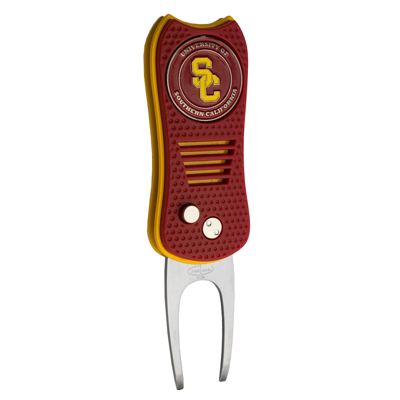 The Switchfix ACC College Switchfix Divot Tool with Ball Marker features red and yellow colors, a USC logo on top, two metal prongs, a textured grip, and a magnetic ball marker for convenience.