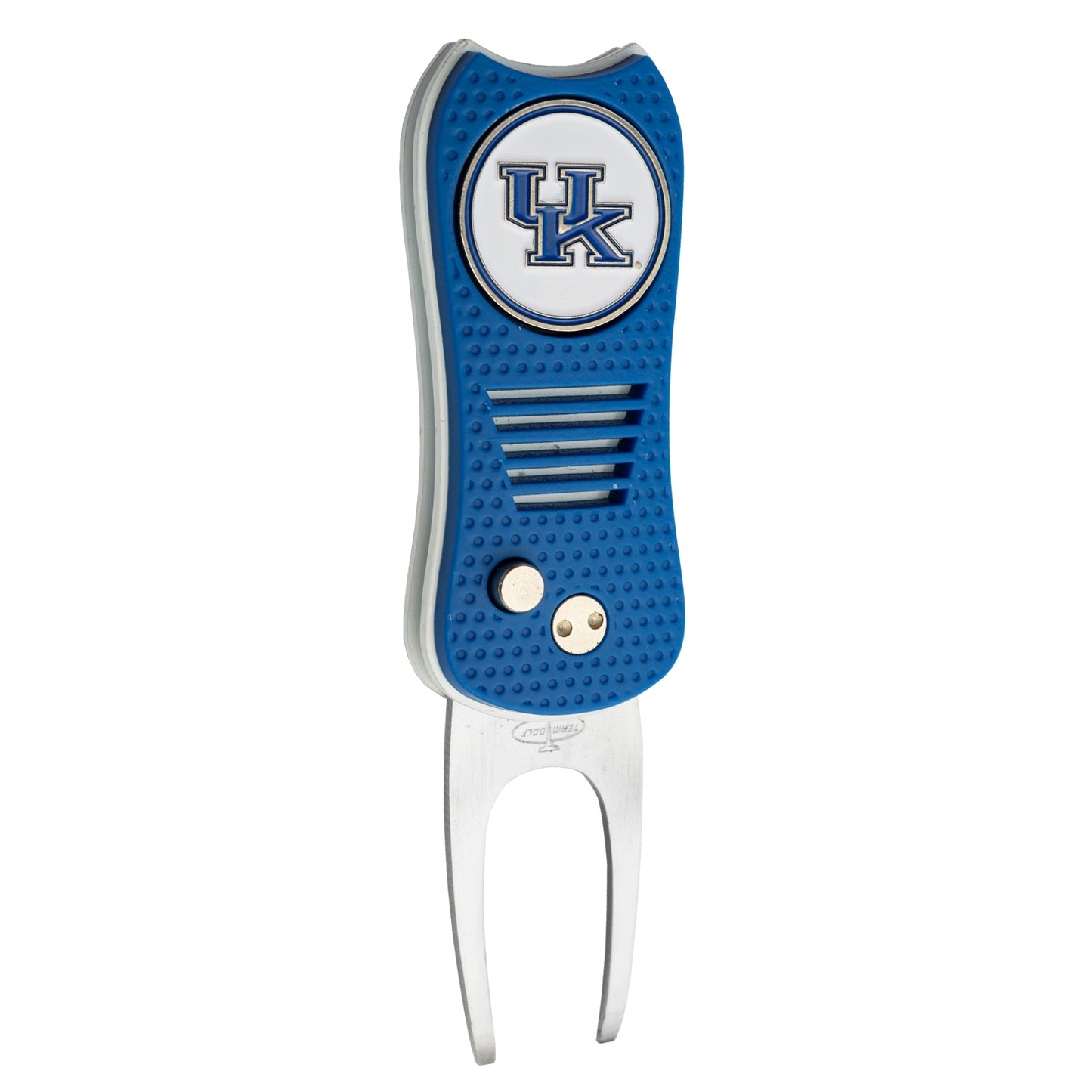 The Switchfix ACC College Switchfix Divot Tool with Ball Marker features a blue and silver design, textured grip, switchblade mechanism, and displays the University of Kentucky UK logo at the top.