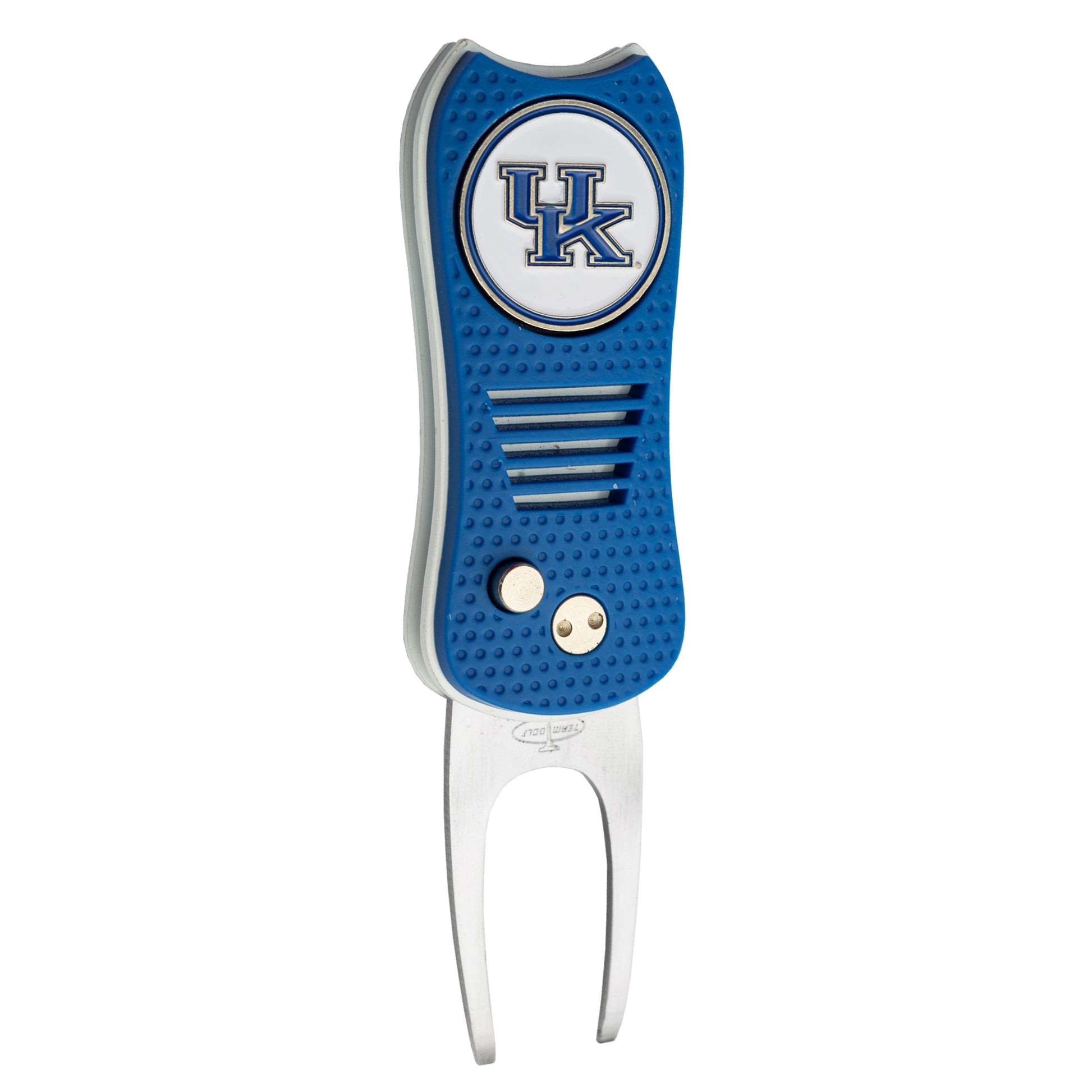 The Switchfix ACC College Switchfix Divot Tool with Ball Marker features a blue and silver design, textured grip, switchblade mechanism, and displays the University of Kentucky UK logo at the top.