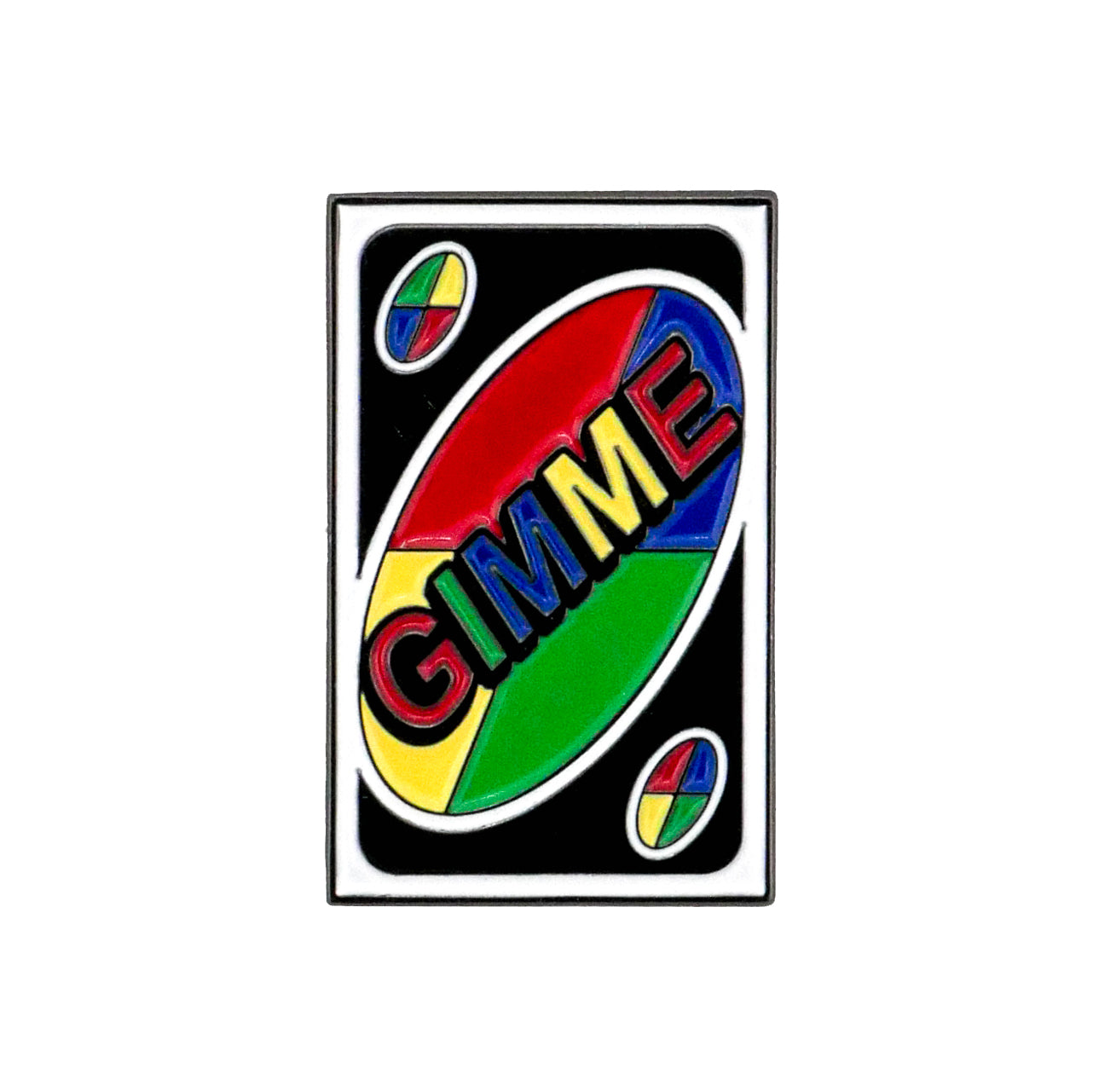 The Gimme Wild Card Ball Marker by Logie Joe's Golf is a vibrant enamel marker styled like an UNO wild card, featuring “GIMME” in bold on a black background with red, blue, yellow, and green sections—a unique accessory for golfers.