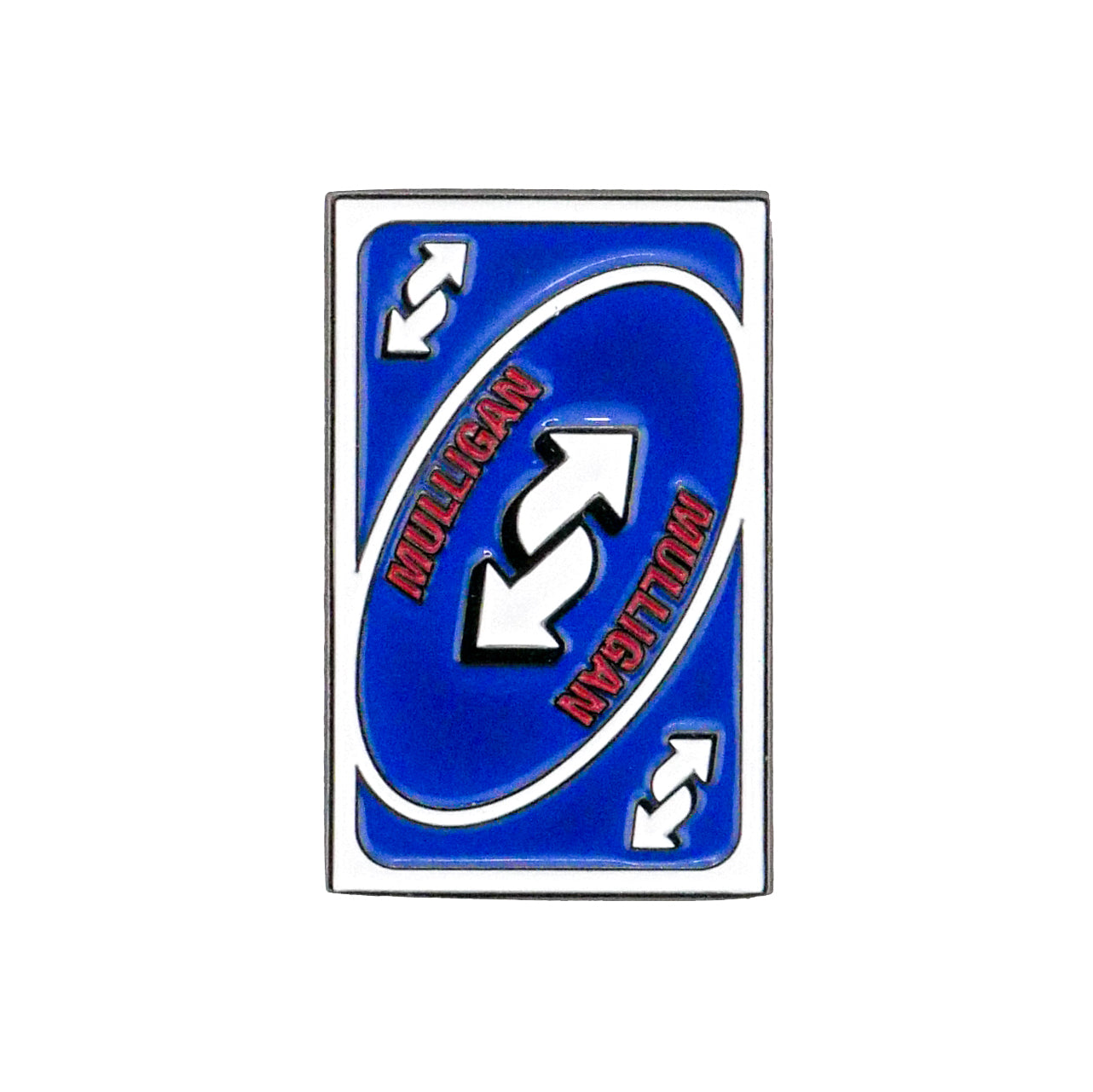 The Mulligan Reverse Card Ball Marker by Logie Joe's Golf features blue with white looping arrows and "MULLIGAN" in red—just like an Uno reverse card. It's the perfect playful golf gift for anyone who loves a classic mulligan on the course!.