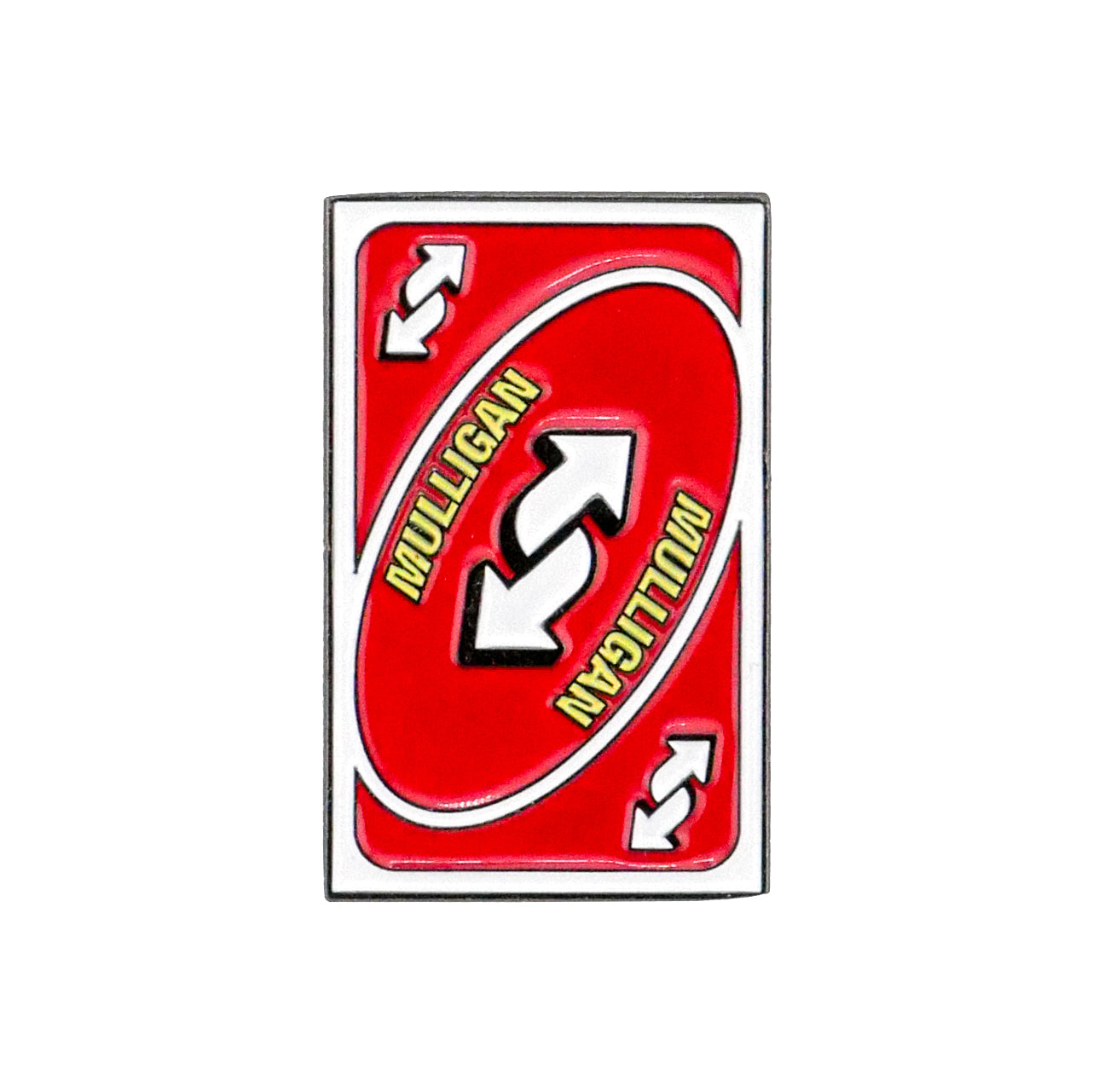 Logie Joe's Golf Mulligan Reverse Card Ball Marker—a red marker styled like an Uno reverse card, with “MULLIGAN” diagonally across the center and white reverse arrows in each corner. A fun golf gift for any enthusiast.