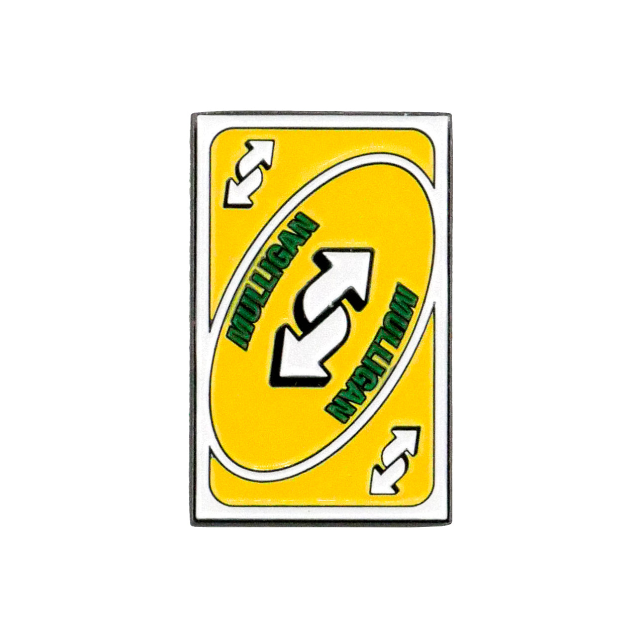 The Mulligan Reverse Card Ball Marker by Logie Joe's Golf features two white arrows forming a circle on a yellow background—ideal as a golf gift and evoking the mulligan concept. "MULTICAN" appears twice in green, with a simple white border design.