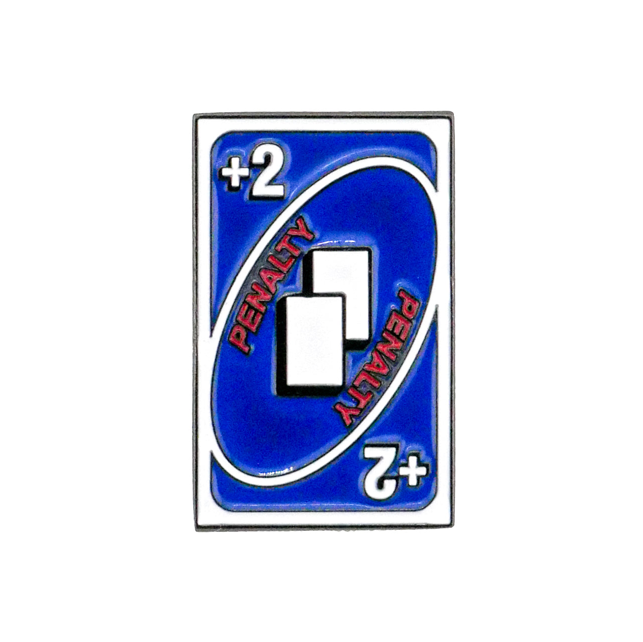 The Logie Joe's Golf 2 Penalty Card Ball Marker is a blue marker styled like an UNO card, with a large +2 in two corners and "PENALTY" written twice diagonally across the center.