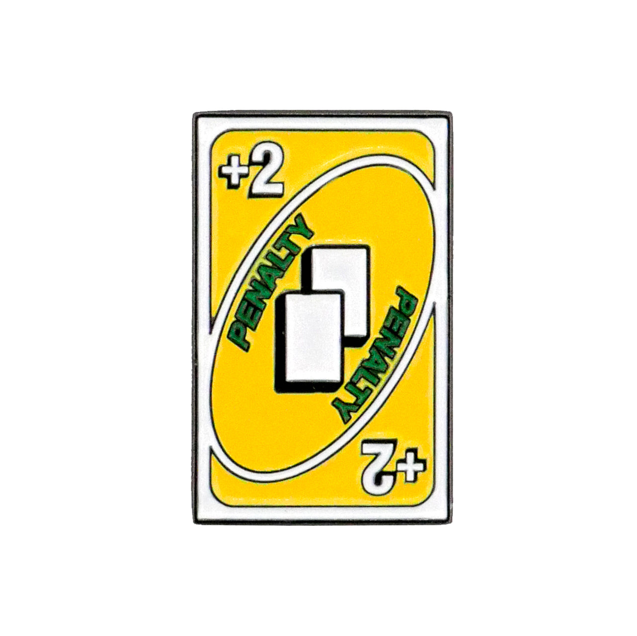 The Logie Joe's Golf 2 Penalty Card Ball Marker features a bold yellow UNO-inspired +2 design, signaling a two-stroke penalty—just like drawing cards in UNO. White and black detailing gives it standout style on the course.