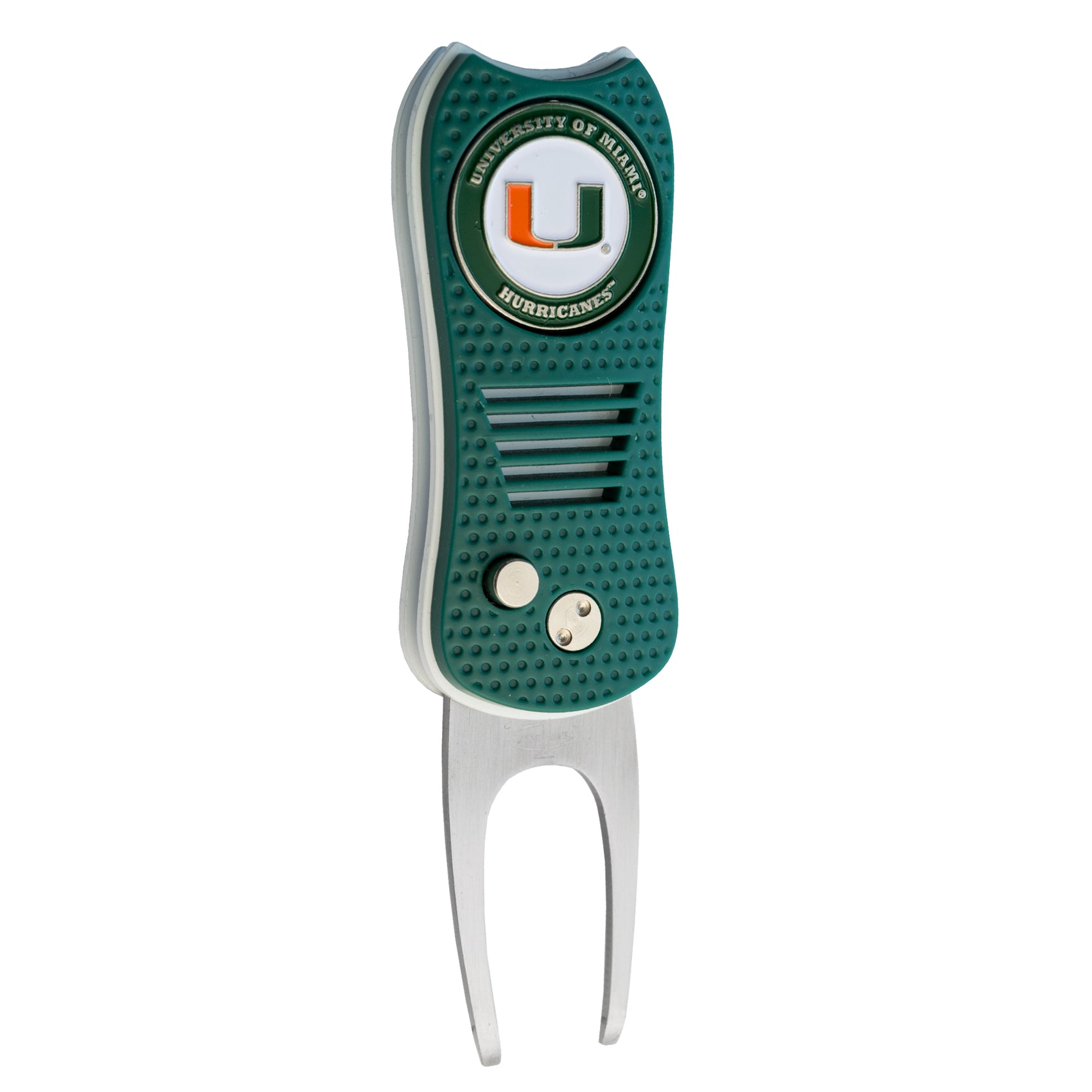 The Switchfix ACC College Switchfix Divot Tool with Ball Marker features a green textured grip, university logo, switchblade mechanism, dual metal prongs, and a magnetic ball marker for the University of Miami Hurricanes.