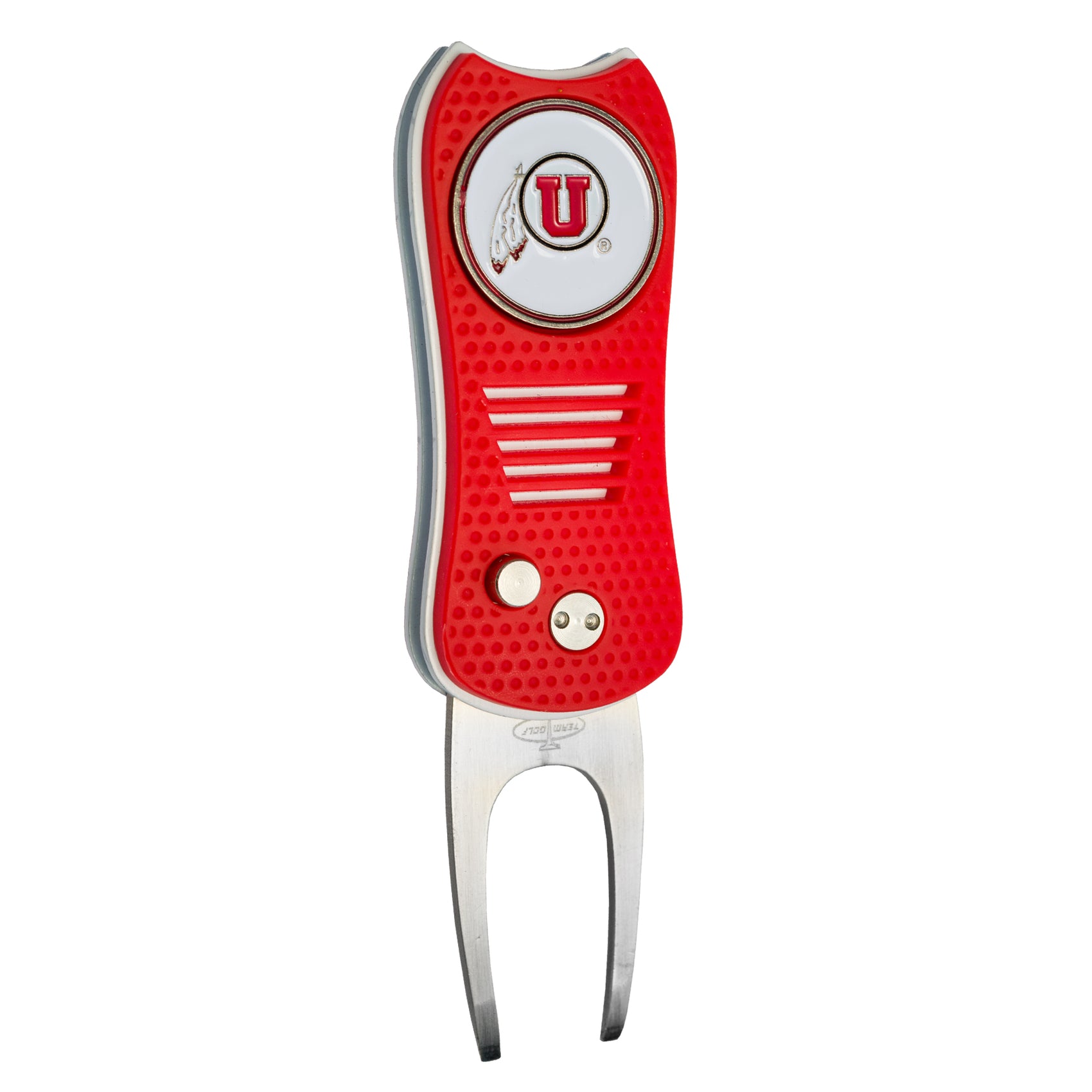 The ACC College Switchfix Divot Tool with Ball Marker by Switchfix features a red finish, metallic forked end, University of Utah logo, magnetic ball marker, white and silver accents, and a textured grip.