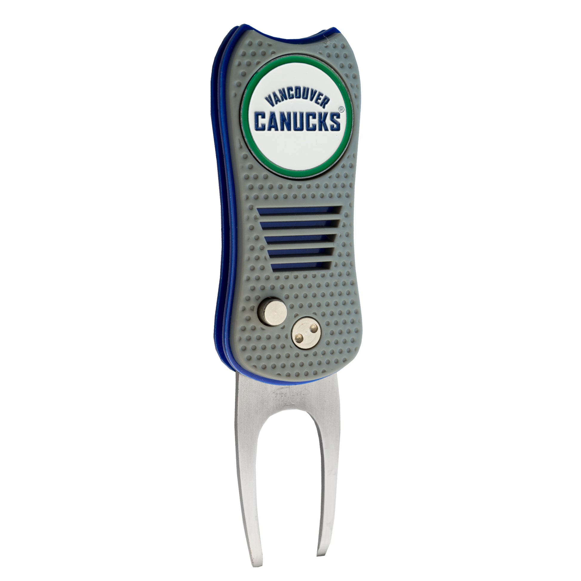 The NHL Switchfix Divot Tool with Ball Marker by Ballmarkers.com features a gray and blue design, textured grip, switchblade action, the Vancouver Canucks logo, and includes a convenient magnetic ball marker.