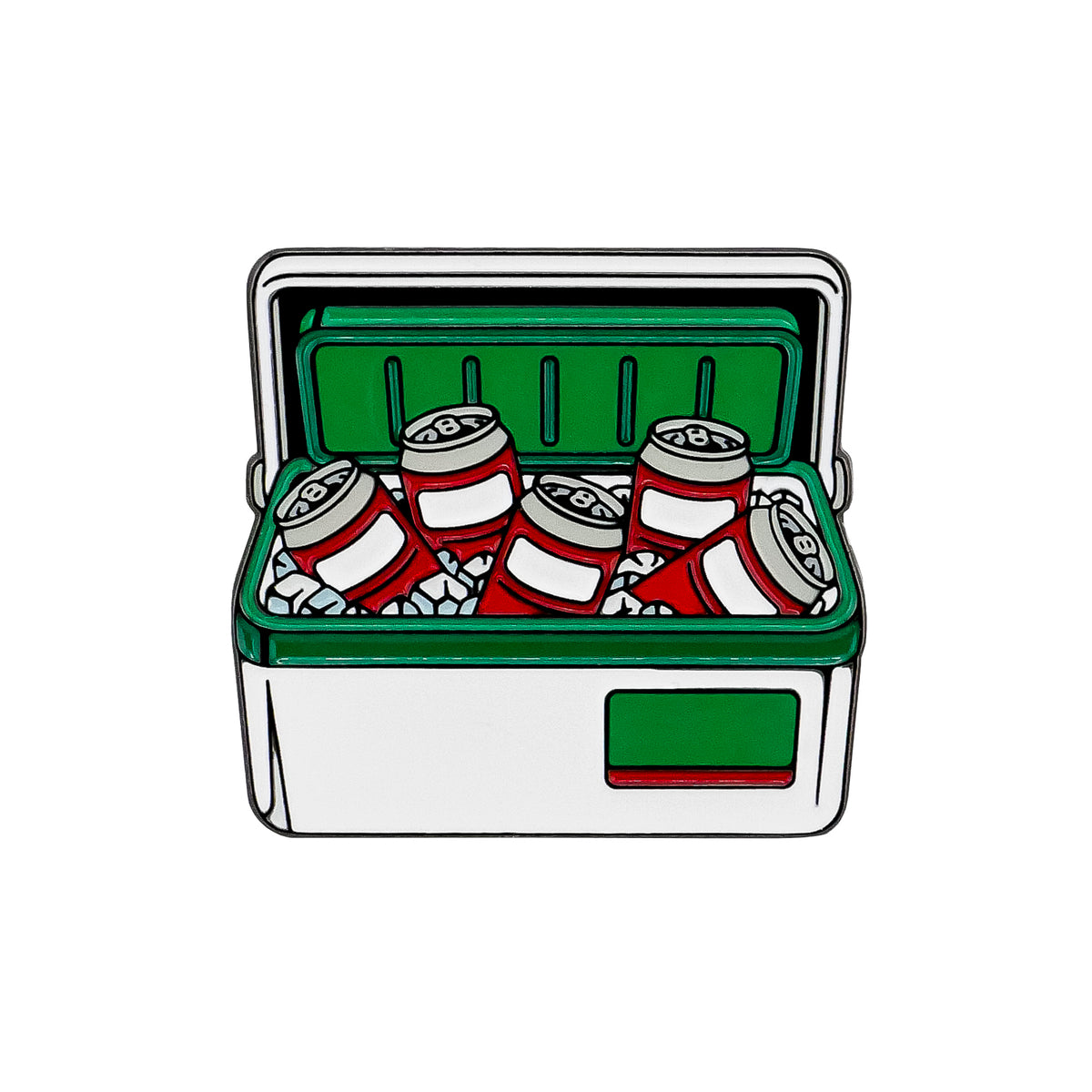 The Vintage Cooler Ball Marker by Ballmarkers.com features a green and white retro camping cooler filled with ice and six red and white soda cans, with the lid open.