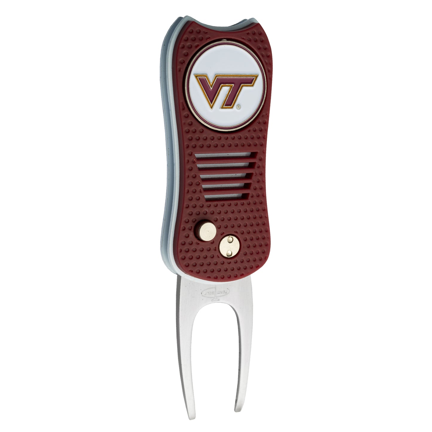 The Switchfix ACC College Switchfix Divot Tool with Ball Marker features a red and silver design, textured grip, Virginia Tech VT logo on top, and an integrated magnetic ball marker.