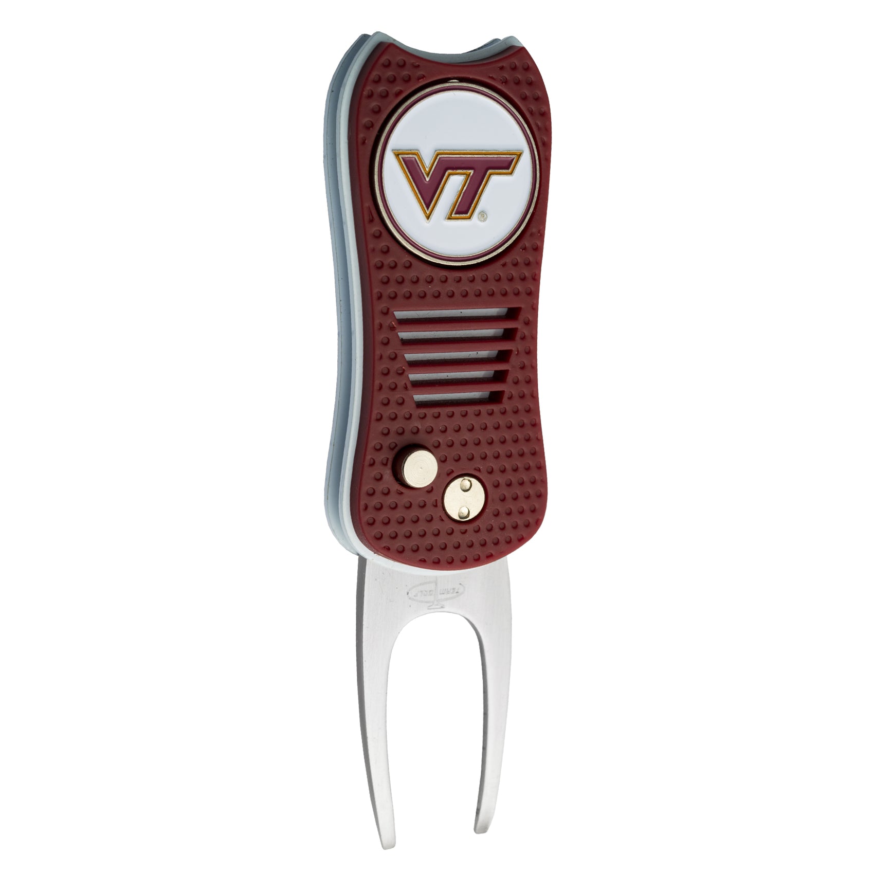 The Switchfix ACC College Switchfix Divot Tool with Ball Marker features a red and silver design, textured grip, Virginia Tech VT logo on top, and an integrated magnetic ball marker.