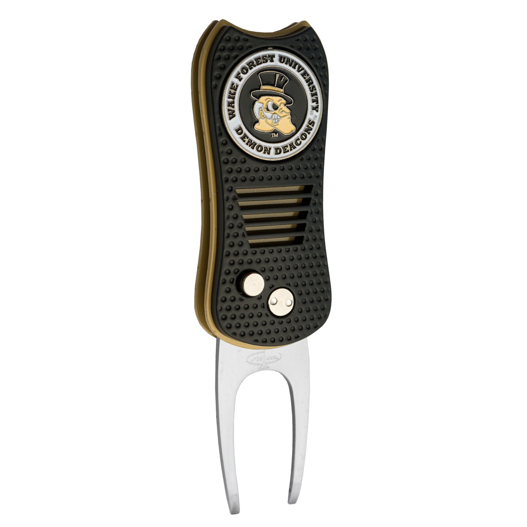 The Switchfix ACC College Switchfix Divot Tool with Ball Marker features a black and gold design, textured grip, switchblade mechanism, and the Wake Forest University Demon Deacons logo on top.