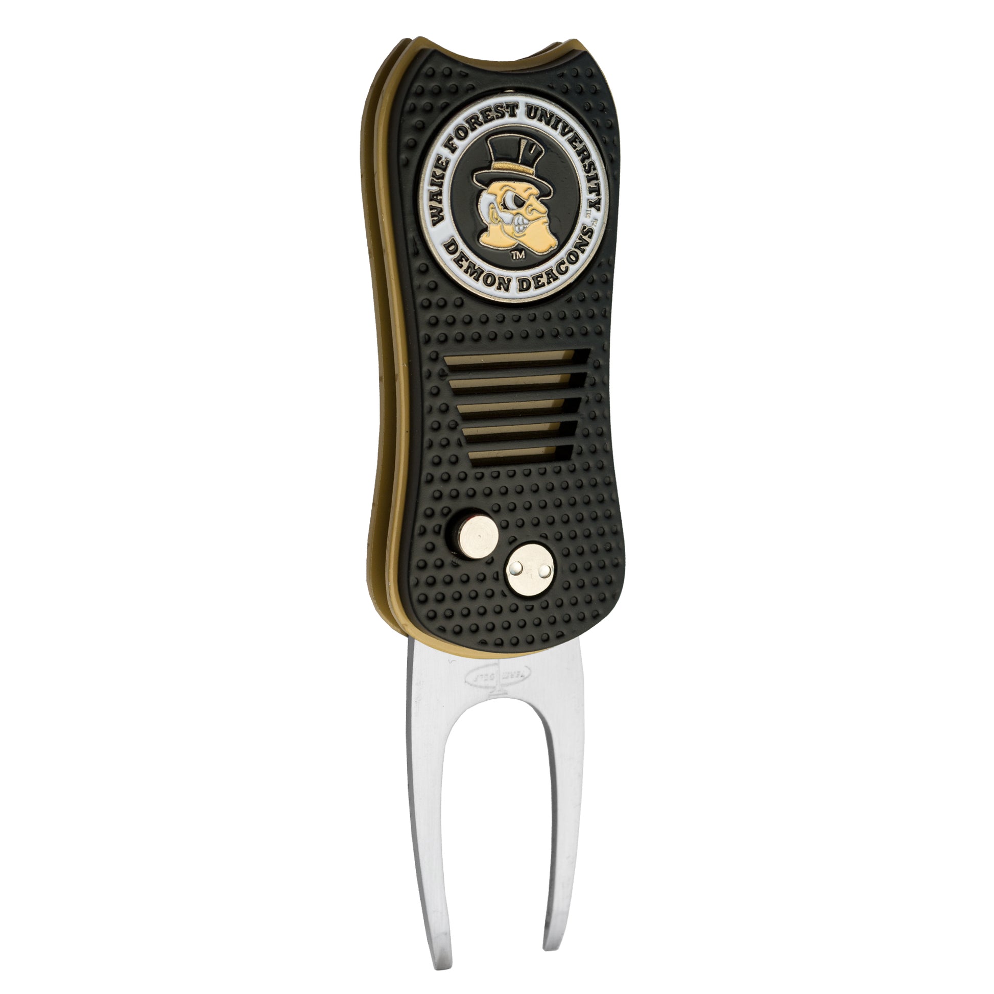 The Switchfix ACC College Switchfix Divot Tool with Ball Marker features a black and gold design, textured grip, switchblade mechanism, and the Wake Forest University Demon Deacons logo on top.