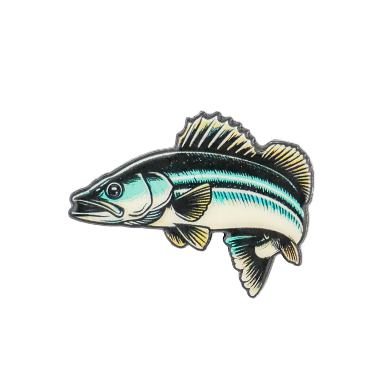 Walleye by Logie Joe's Golf: A premium ball marker featuring a streamlined fish with dark top, light underside, and teal-yellow accents on white—ideal for golfers seeking unique marker designs.