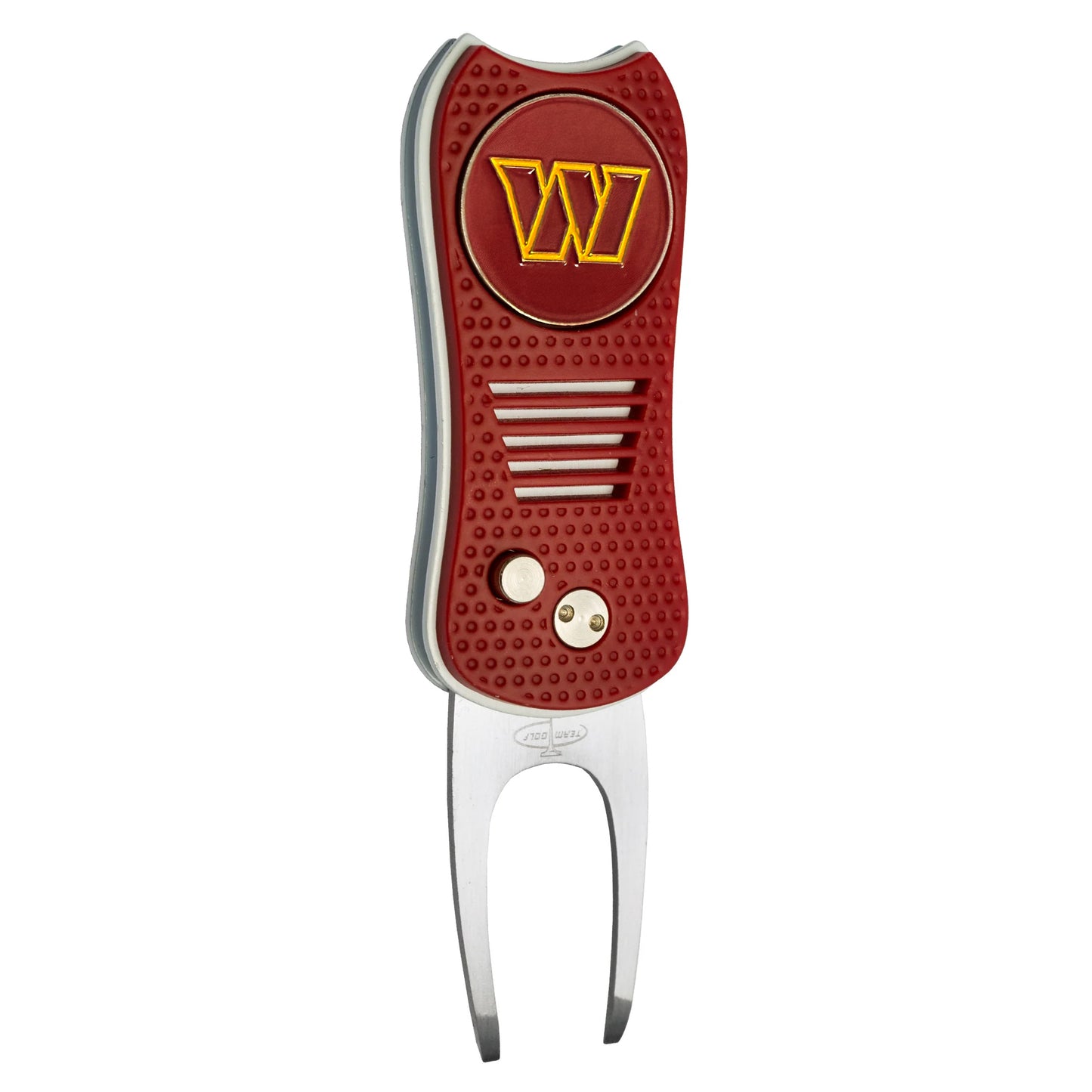 The NFL Switchfix Divot Tool with Ball Marker by NFL features a red and silver design, textured grip, gold W emblem on top, two metal prongs for green repairs, and a magnetic ball marker for convenience.