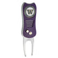 Introducing the Switchfix ACC College Switchfix Divot Tool with Ball Marker in purple and silver, featuring a switchblade design, textured grip, and University of Washington Huskies logo on top.