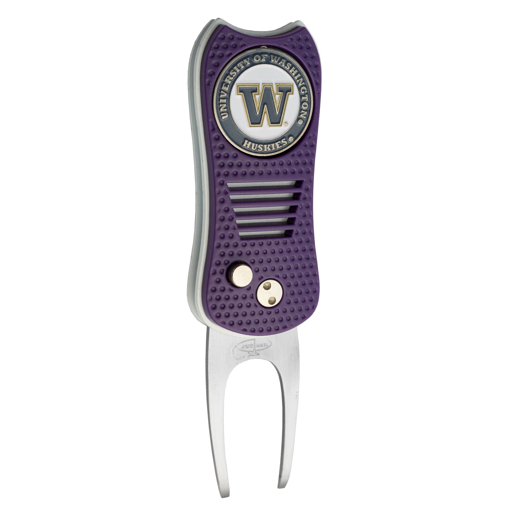 Introducing the Switchfix ACC College Switchfix Divot Tool with Ball Marker in purple and silver, featuring a switchblade design, textured grip, and University of Washington Huskies logo on top.