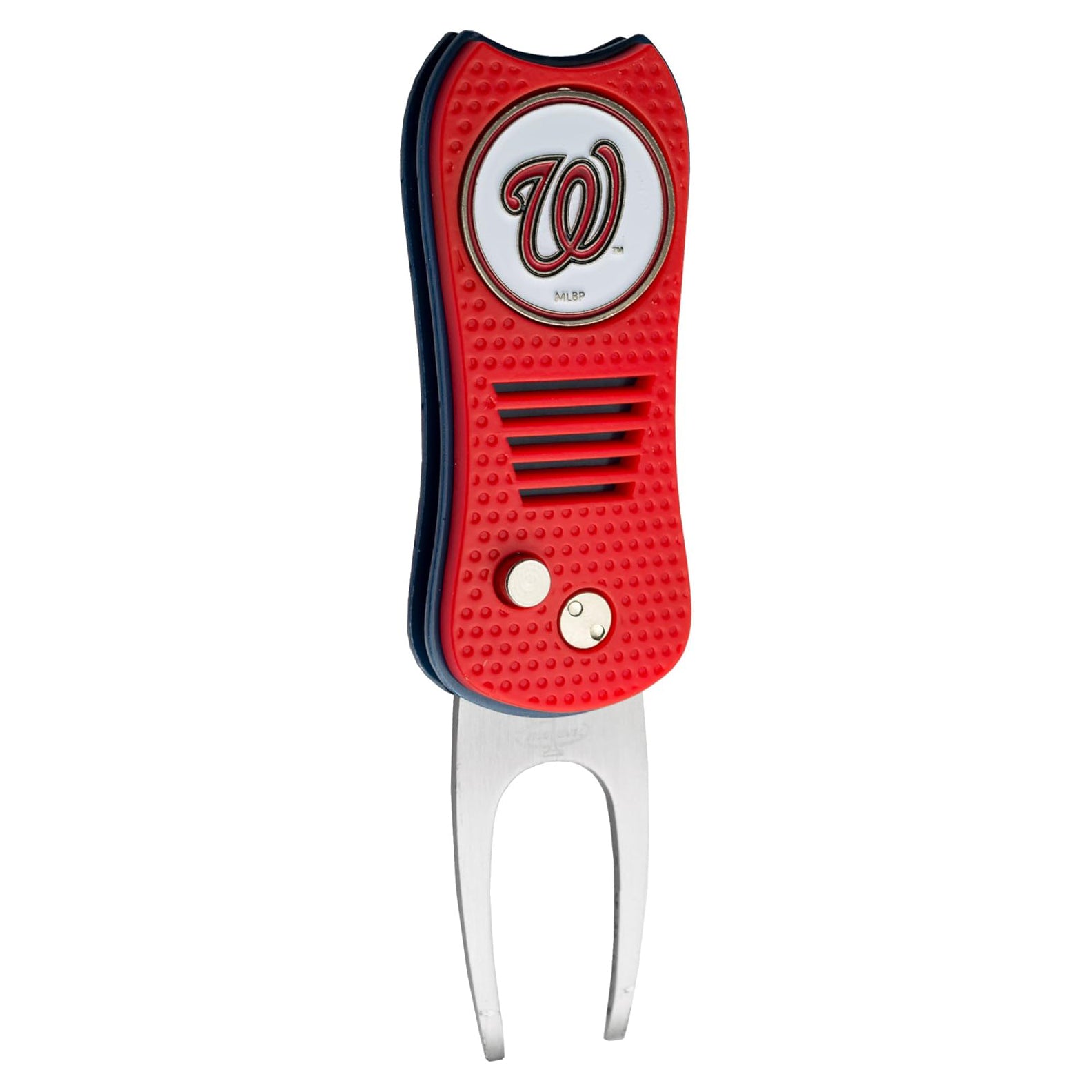 The MLB Switchfix Divot Tool with Ball Marker features the Washington Nationals logo, a textured grip, two metal prongs, and a magnetic ball marker for convenience—perfect for fans on the course.
