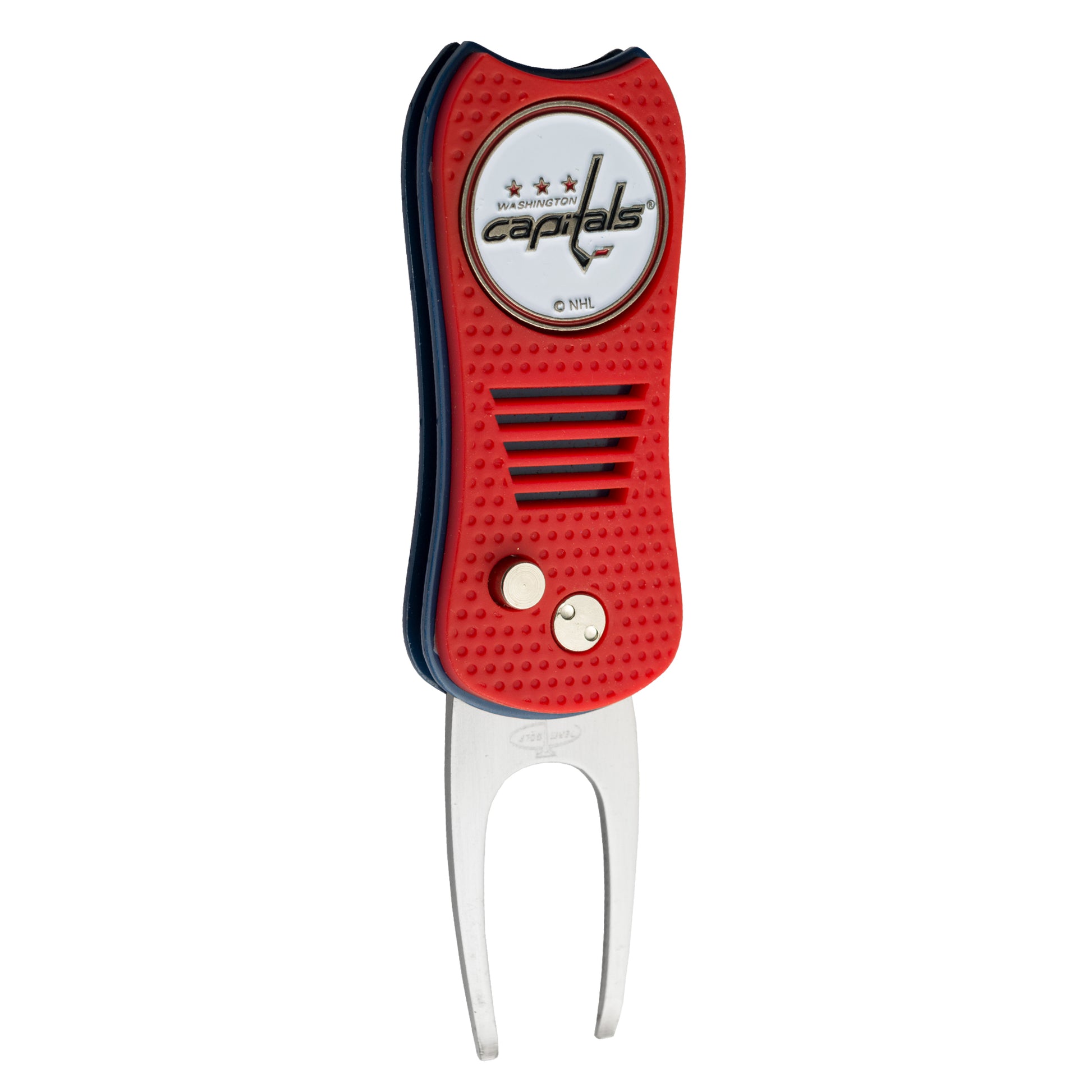The Ballmarkers.com NHL Switchfix Divot Tool with Ball Marker is a red Washington Capitals golf accessory featuring a silver prong, textured grip, switchblade mechanism, team logo, NHL emblem on the handle, and magnetic ball marker.