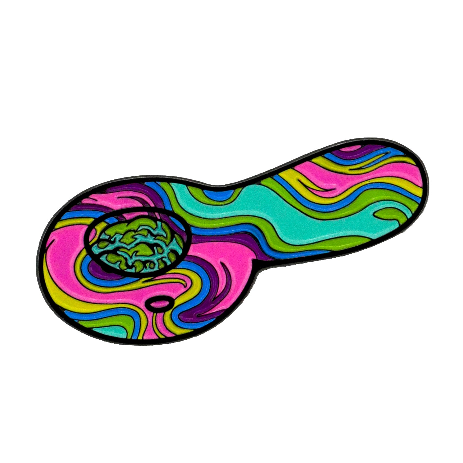 Logie Joe's Golf Weed Bowl Ball Marker features a stylized smoking pipe with vibrant pink, yellow, blue, and green swirls—ideal for fans of trippy golf accessories or anyone wanting a bold, psychedelic touch on the course.