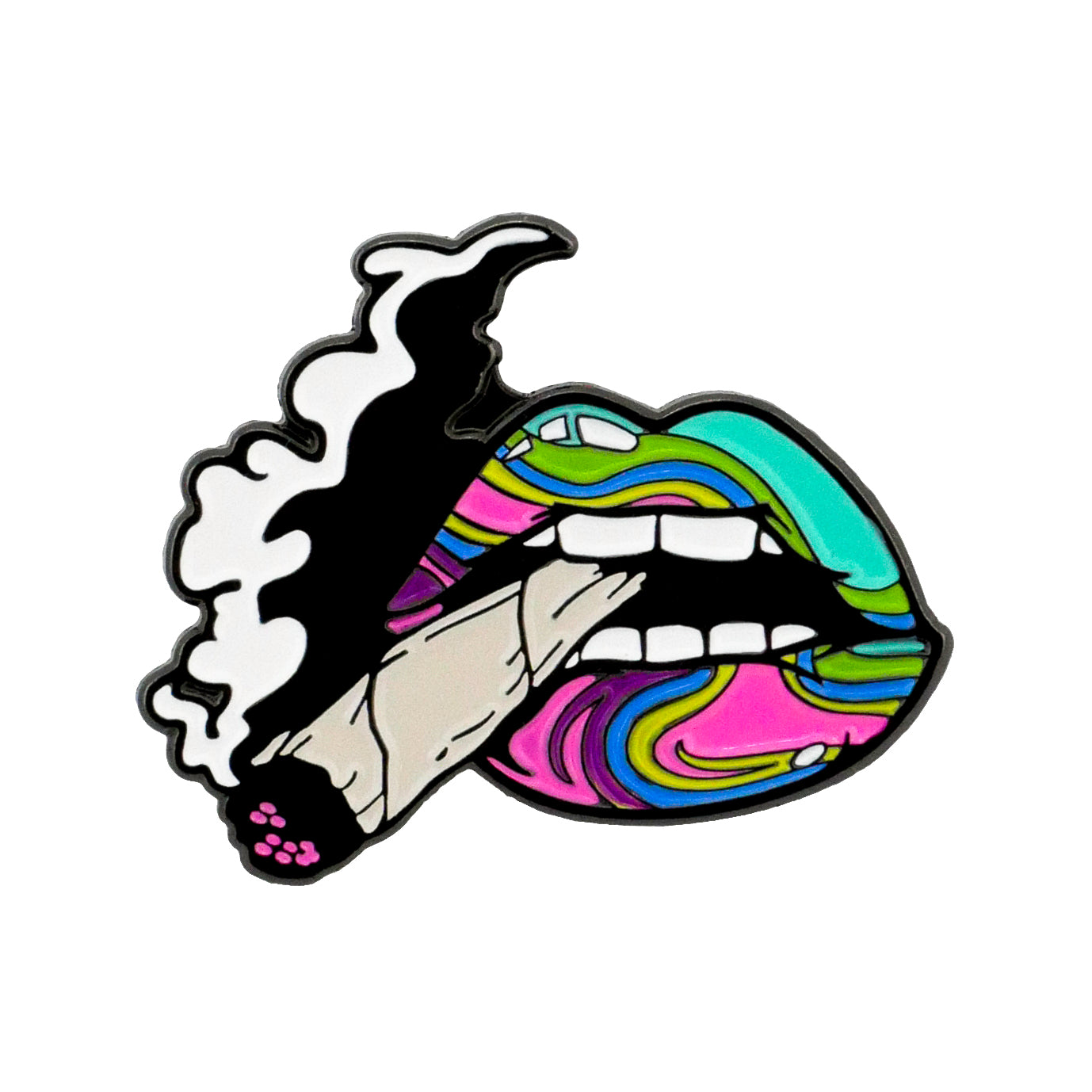 Logie Joe’s Golf Weed Lips Ball Marker features illustrated lips with psychedelic patterns holding a smoking joint, making it a bold, colorful golf accessory on a crisp white background.