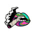 Logie Joe’s Golf Weed Lips Ball Marker features illustrated lips with psychedelic patterns holding a smoking joint, making it a bold, colorful golf accessory on a crisp white background.