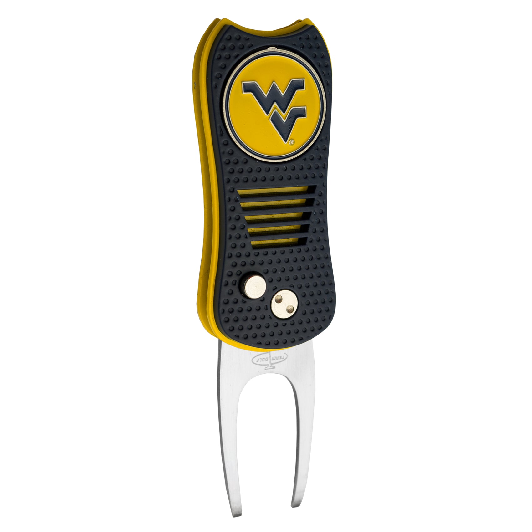 The Switchfix ACC College Switchfix Divot Tool with Ball Marker features a black and yellow rubber handle, switchblade mechanism, and a yellow West Virginia University “WV” logo on top. Includes a magnetic ball marker for convenience.