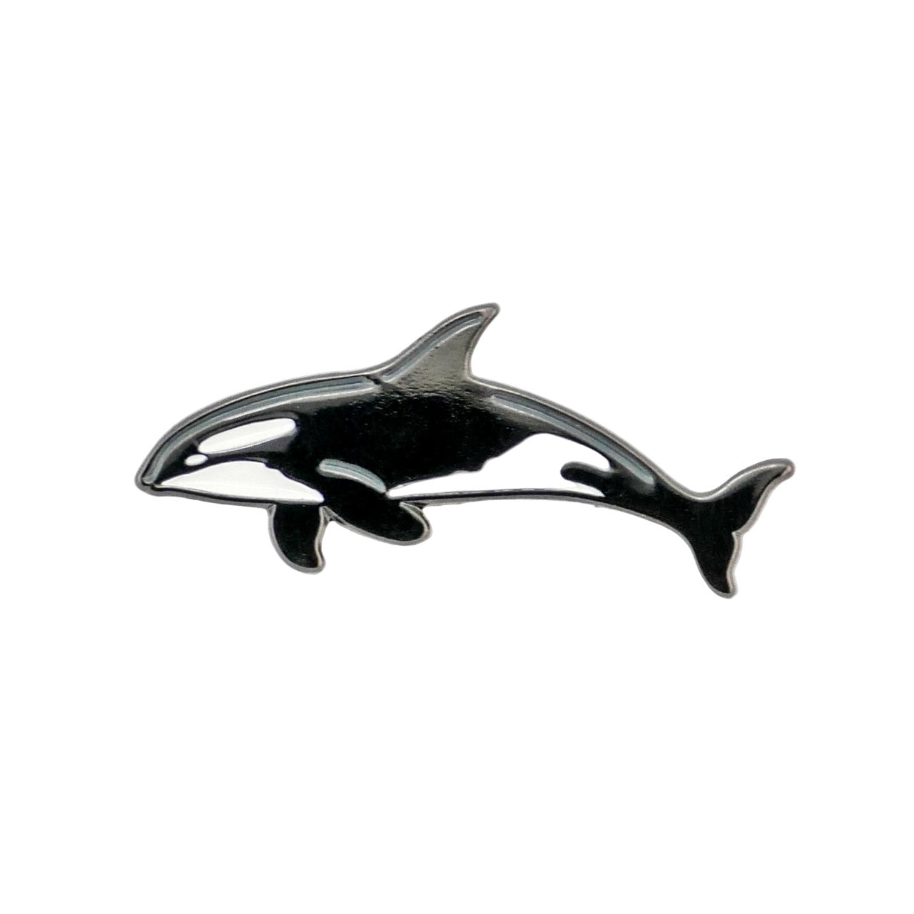 The Killer Whale enamel pin from Logie Joe's Golf is a black and white orca design, ideal for adding fun to your golf accessories or pairing with ball markers. Displayed on a plain white background.