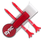 A set of red promo items from The Byrd, LLC featuring THE BYRD GOLF CLYP - White Swan, two pens with duck foot ends, a round mouse pad, a pen case, and a ball marker, all arranged on a white background.
