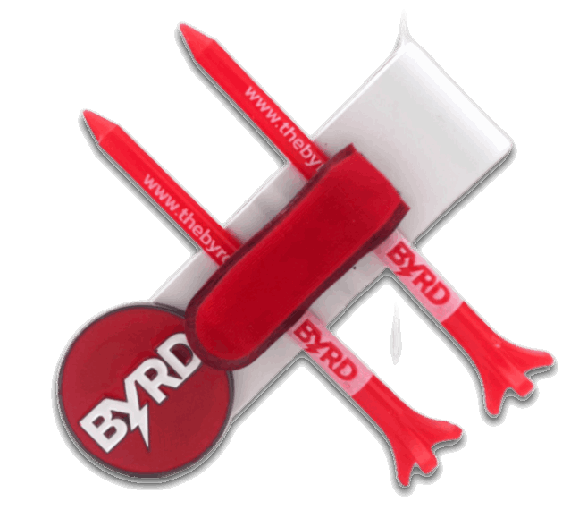 A set of red promo items from The Byrd, LLC featuring THE BYRD GOLF CLYP - White Swan, two pens with duck foot ends, a round mouse pad, a pen case, and a ball marker, all arranged on a white background.