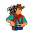 Cartoon cowboy with brown hat, red bandana, teal shirt, and brown vest grins confidently, holding a golf ball and his Ace McMulligan Ball Marker by Ballmarkers.com—ready for Wild West golf with clubs in his quiver.