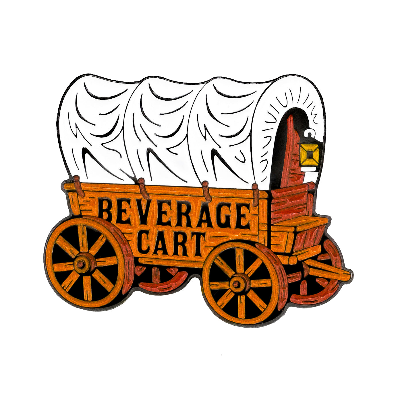 The Beverage Cart Wagon Ball Marker by Ballmarkers.com features a wooden covered wagon with large wheels, a white canopy, "BEVERAGE CART" in bold on the side, and a small lantern—perfect for adding Old West style to your golf accessories.