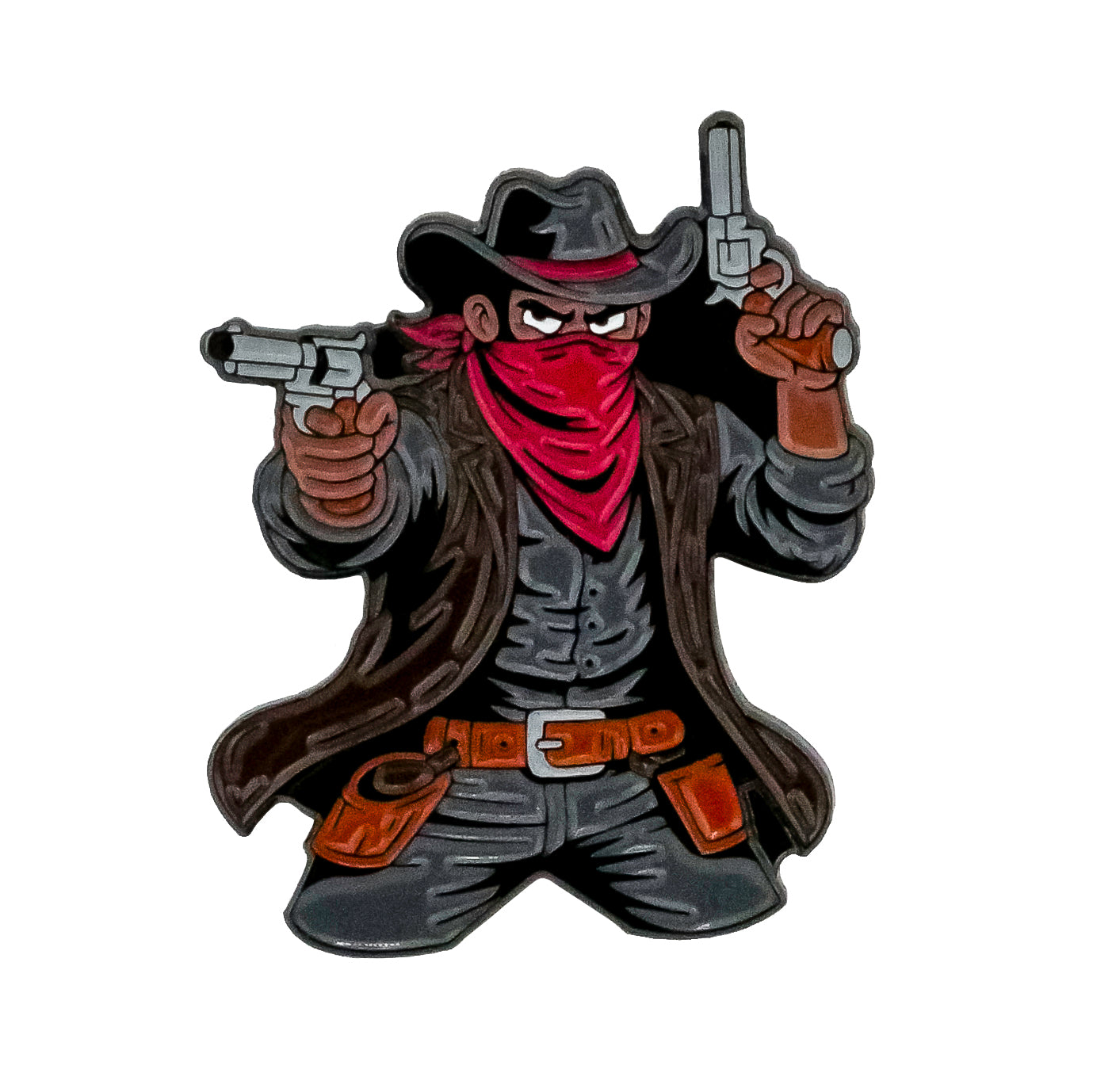 Cartoon-style cowboy with black hat and red bandana, in black coat and pants, holding two pistols—an action-ready Birdie Bandit Ball Marker by Ballmarkers.com, ideal for any Wild West or fun golf accessories collection.
