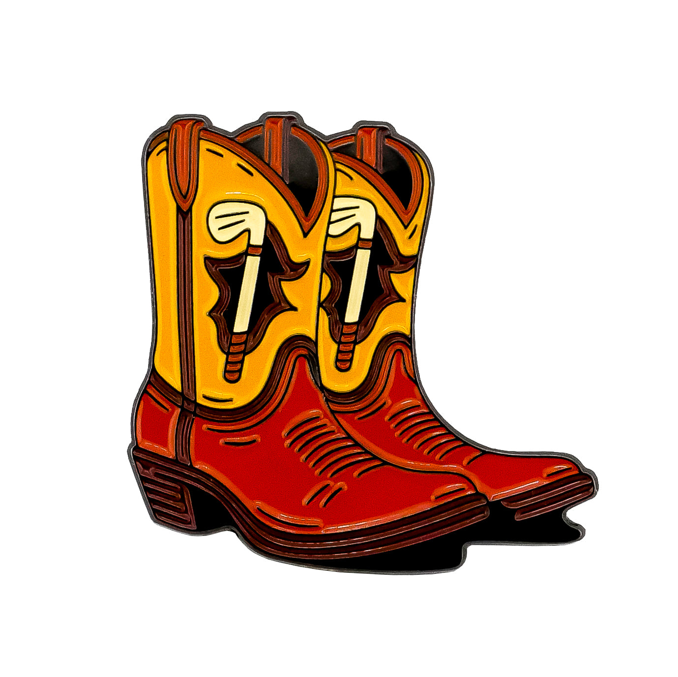 The Golf Boots Ball Marker by Ballmarkers.com features an illustration of Western cowboy boots with yellow shafts, red-brown feet, and decorative stitching—perfect for fans or as a unique ball marker. Set against a white background.