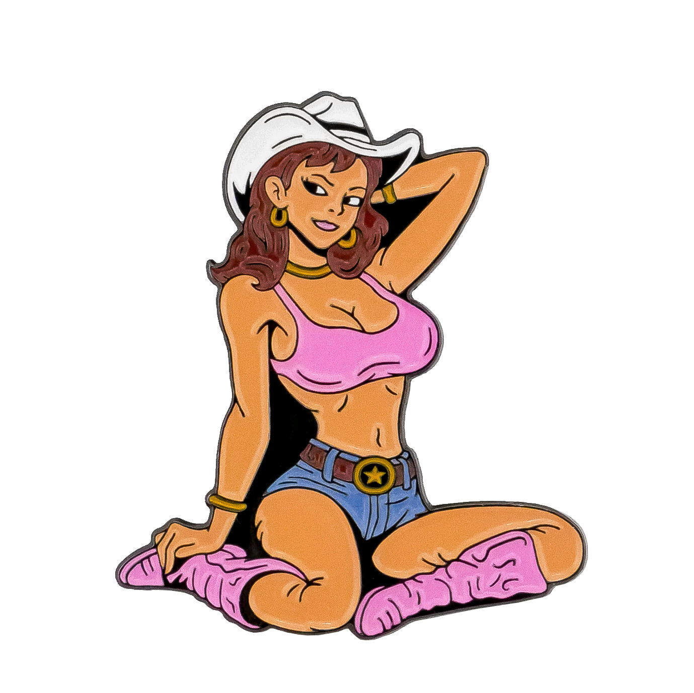 Add some fun to your game with the Giddy Up Cart Girl Ball Marker by Ballmarkers.com, featuring a cartoon cowgirl in a white hat, pink top, blue denim shorts, yellow star belt, and pink boots—ready for the Wild West!.