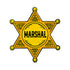 The Marshal Badge Ball Marker by Ballmarkers.com features a yellow, six-pointed design with bold black lettering, adding Old West flair to your golf game.