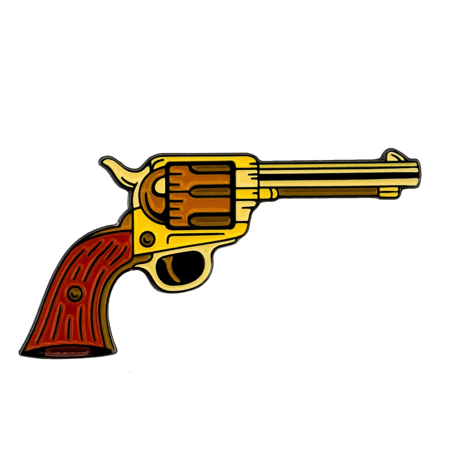 Ballmarkers.com Six Shooter Ball Marker from the Wild Wild West Collection features a yellow and gold barrel, brown wooden handle, and is shown pointing right on a white background.