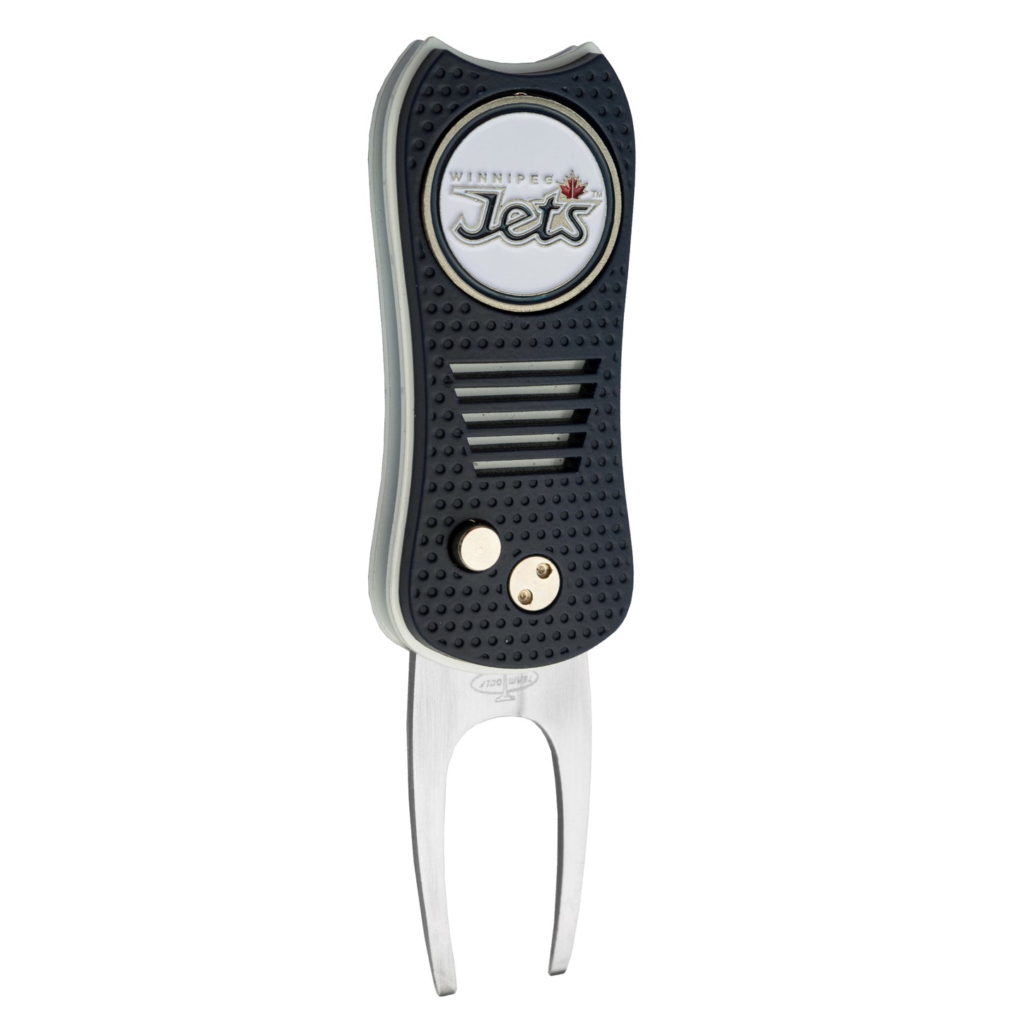 The Ballmarkers.com NHL Switchfix Divot Tool with Ball Marker is a black and silver golf accessory featuring a textured grip, a Winnipeg Jets logo on top, and an easy switchblade mechanism.