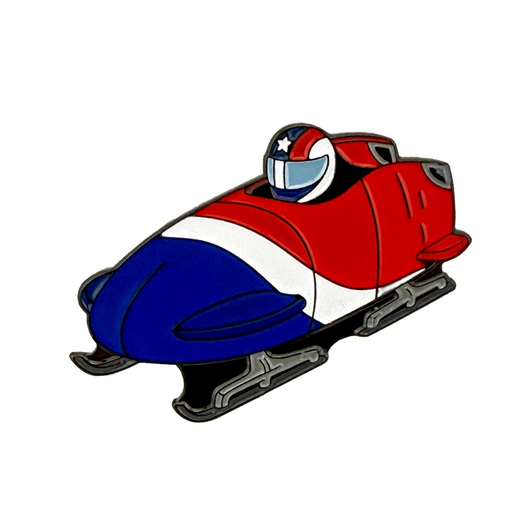Bobsledding Ball Marker by Ballmarkers.com features a bobsled and helmet adorned in red, white, and blue stars, evoking Team USA spirit. The sled is shown from the front on a white background.
