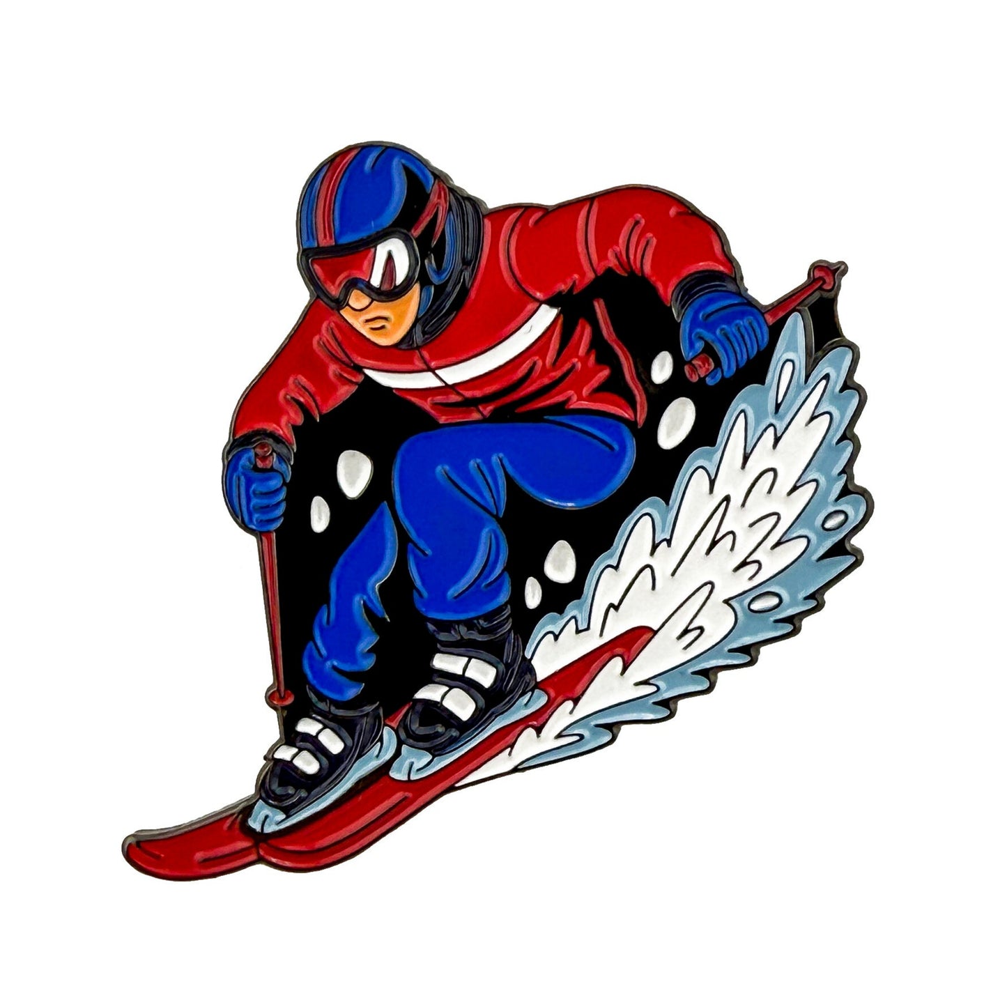The Downhill Skiing Ball Marker by Ballmarkers.com features a dynamic illustration of a Team USA skier in red and blue gear racing downhill, helmeted and goggled, with snow spraying behind—perfect for alpine racing fans.