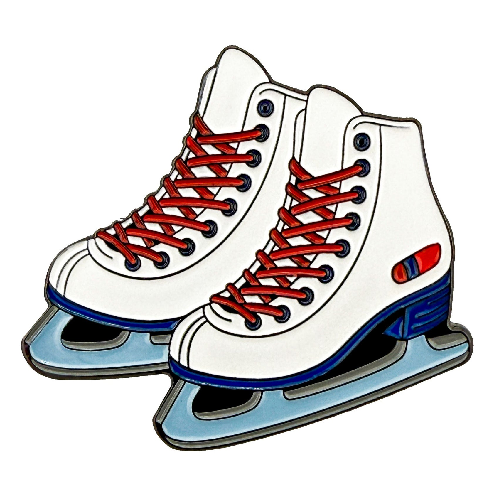 The Ballmarkers.com Figure Skating Ball Marker, inspired by Team USA, features a design of white ice skates with red laces, blue accents, and silver blades, shown side by side on a white background.
